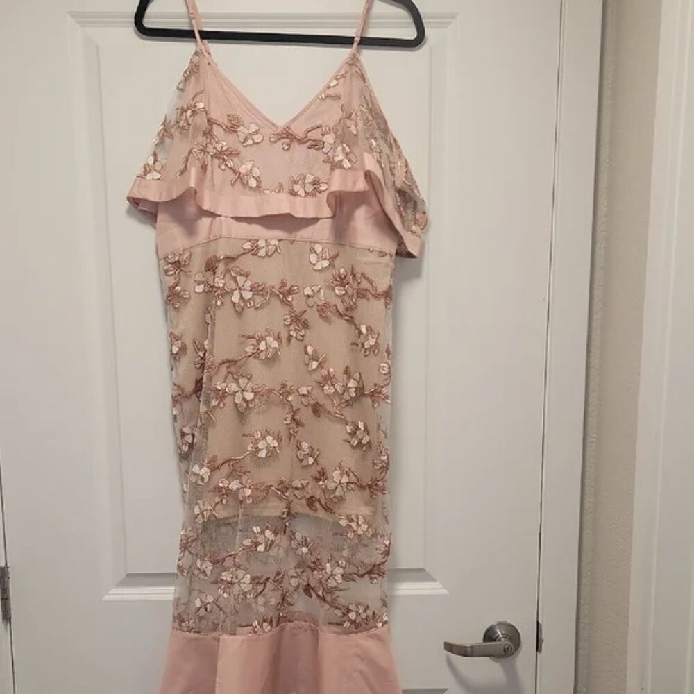 Like New Venus Floral Embroidered Champagne Dress w/Sheer Overlay Sz. 14 - Picture 4 of 8